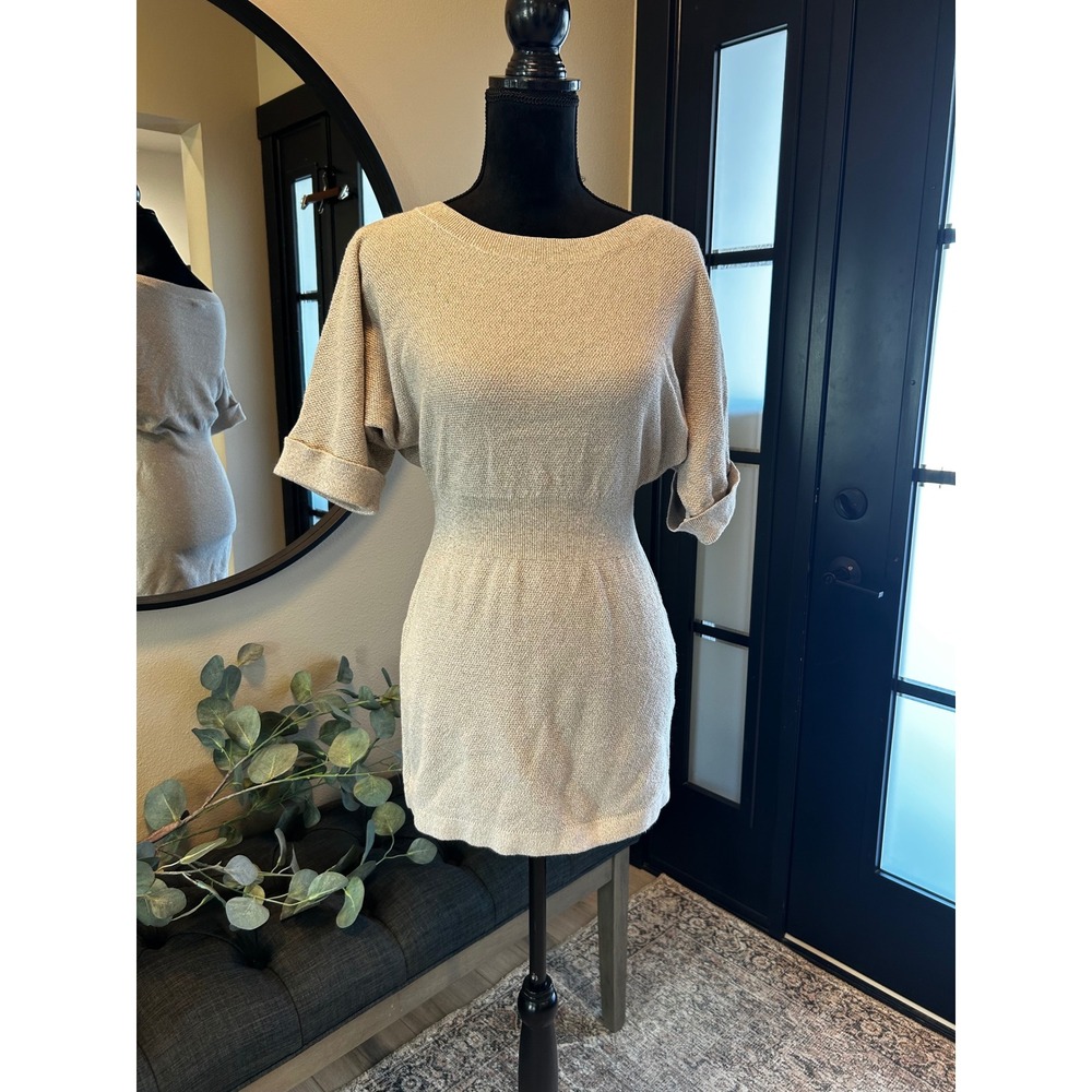 Express Metallic Knit Mini Dress Champagne Gold Dolman Sleeve Ribbed Waist M